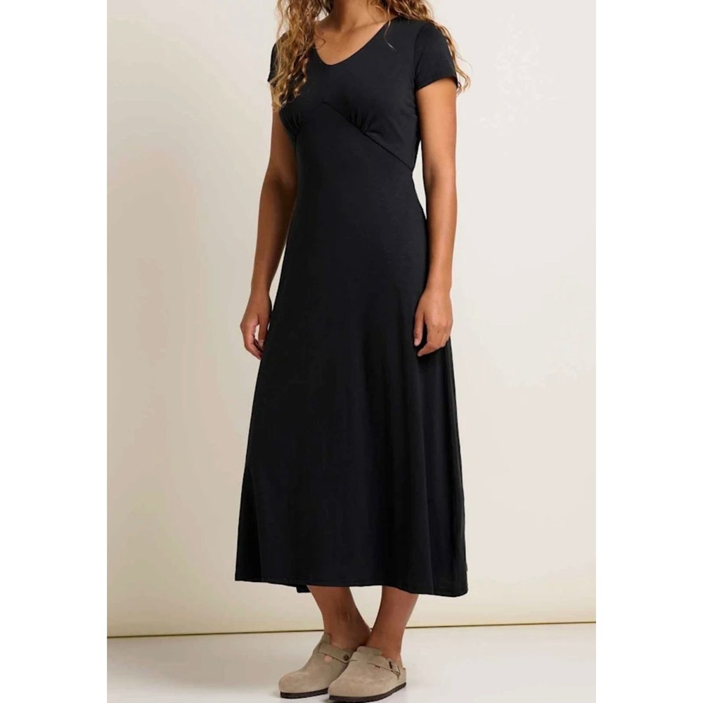 Toad&Co Women V Neck Short Sleeve Rose Midi Dress Size S Black Pockets Lagenlook